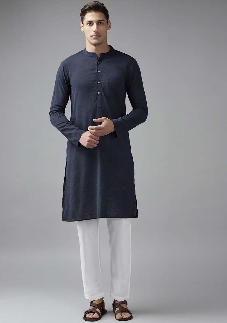 Blue Slub Straight Kurta Set For Men - Indya