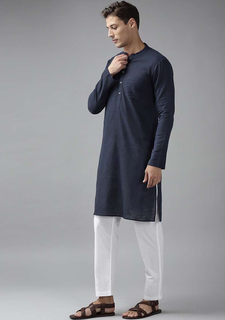 Blue Slub Straight Kurta Set For Men - Indya