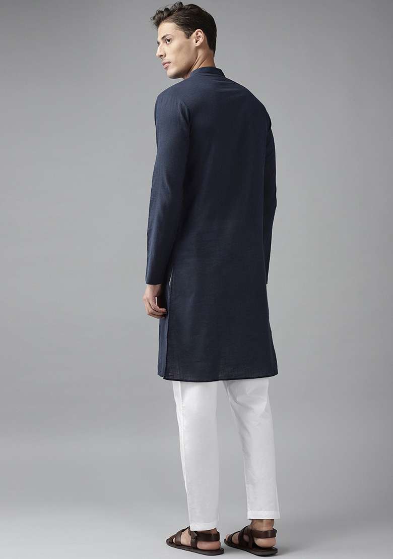 Blue Slub Straight Kurta Set For Men - Indya