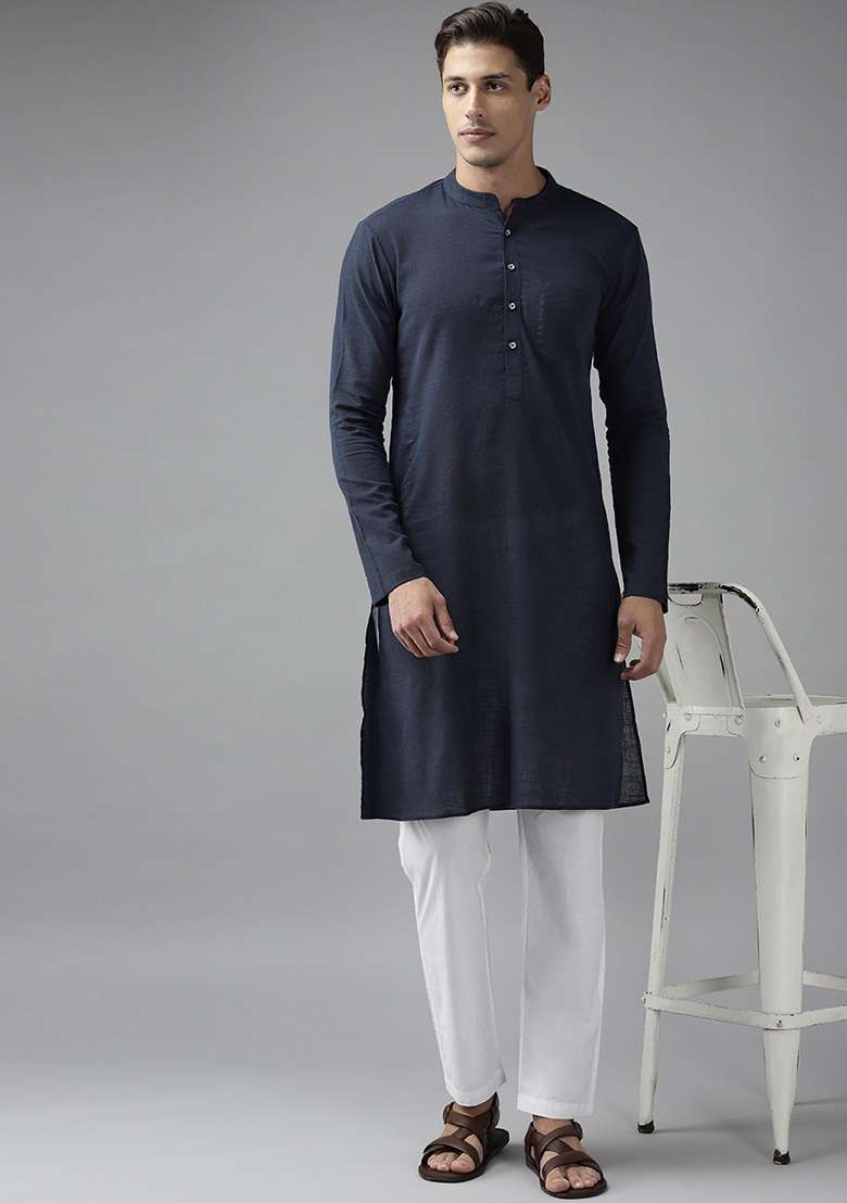 Blue Slub Straight Kurta Set For Men - Indya