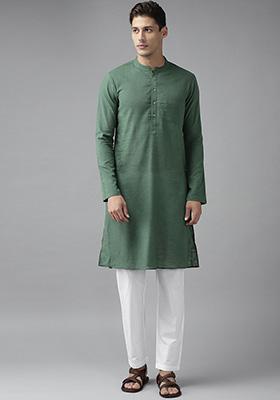 Green Straight Cotton Kurta For Men