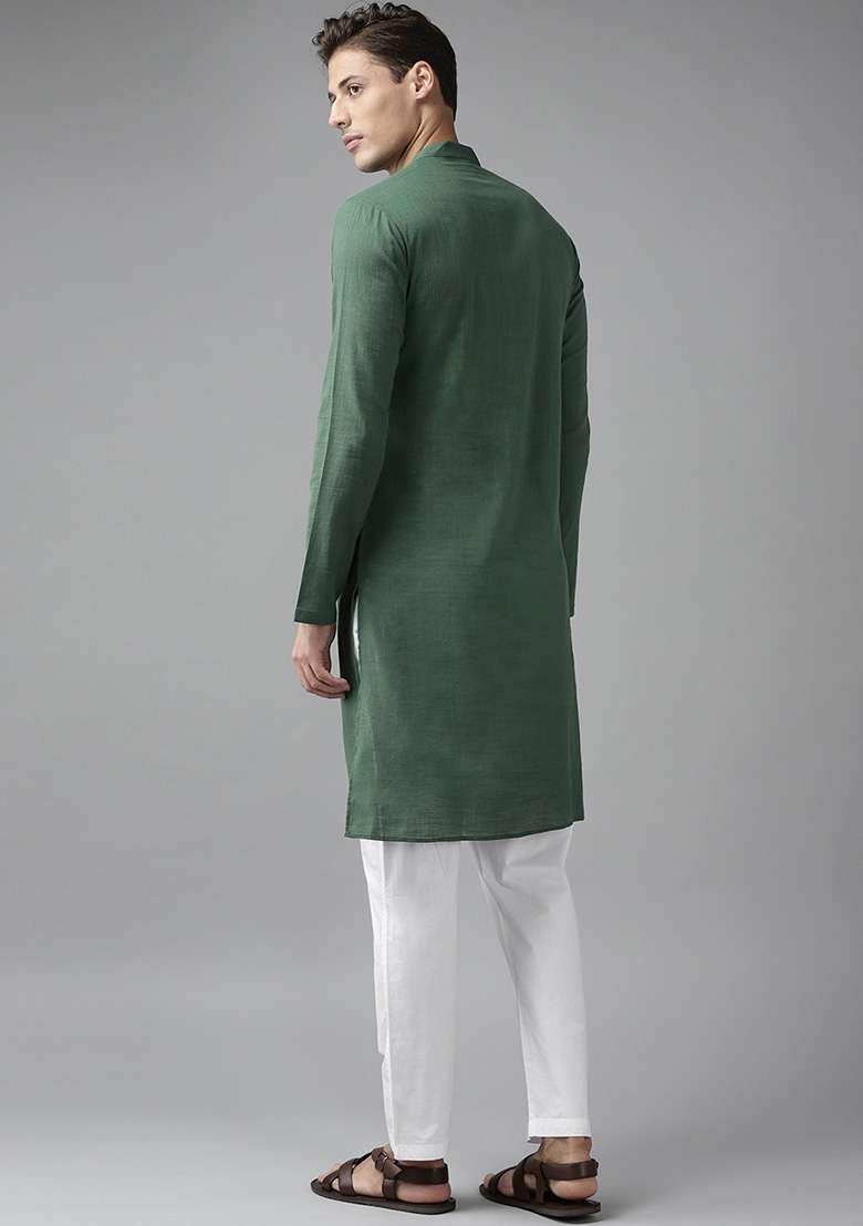 Green Straight Cotton Kurta For Men - Indya