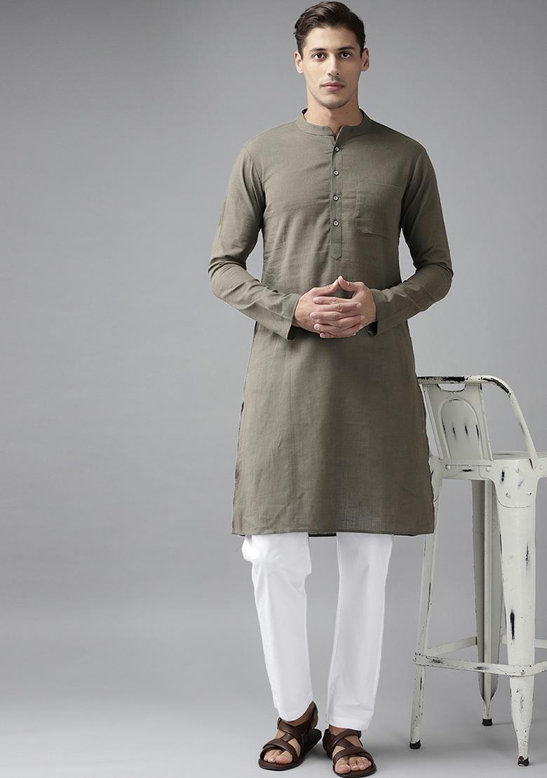 Khaki Slub Straight Cotton Kurta For Men - Indya