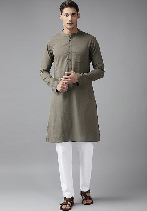 Khaki Slub Straight Cotton Kurta For Men