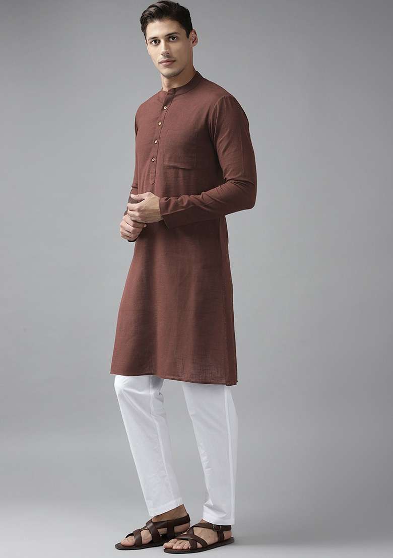 Brown Slub Straight Kurta For Men - Indya