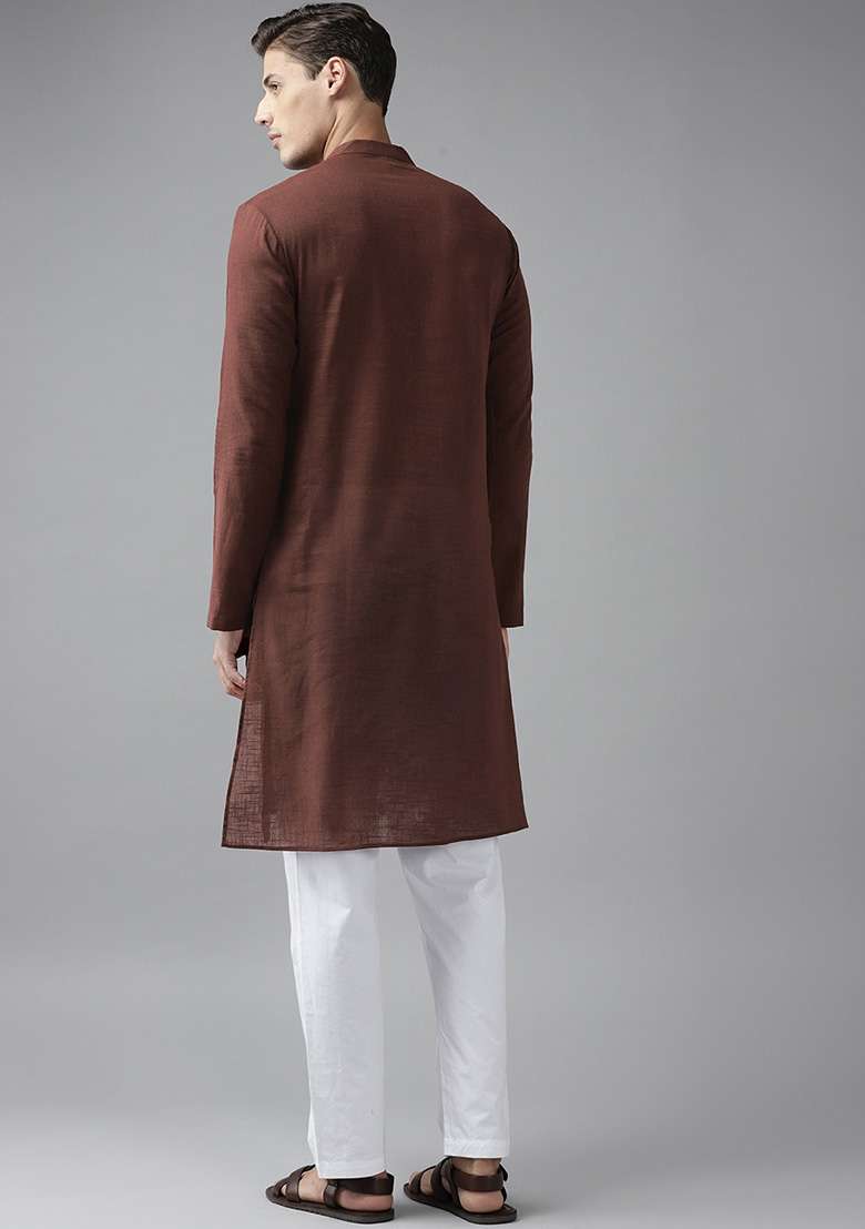 Brown Slub Straight Kurta For Men - Indya