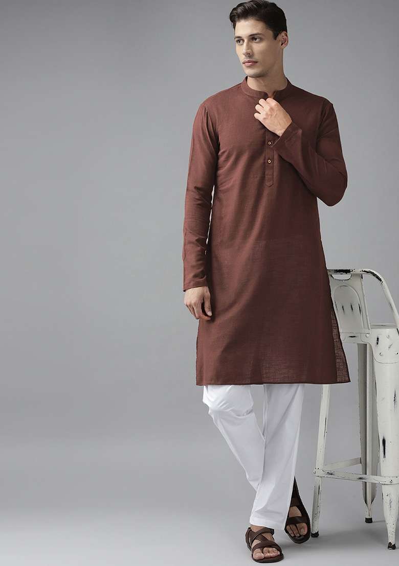 Brown Slub Straight Kurta For Men - Indya