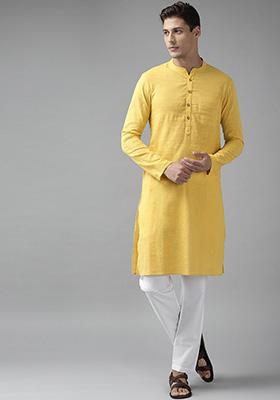 Yellow Straight Cotton Kurta For Men