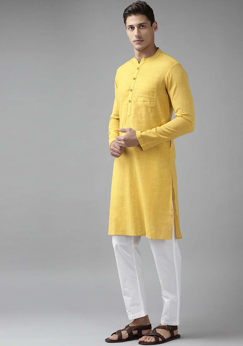 Yellow Straight Cotton Kurta For Men - Indya