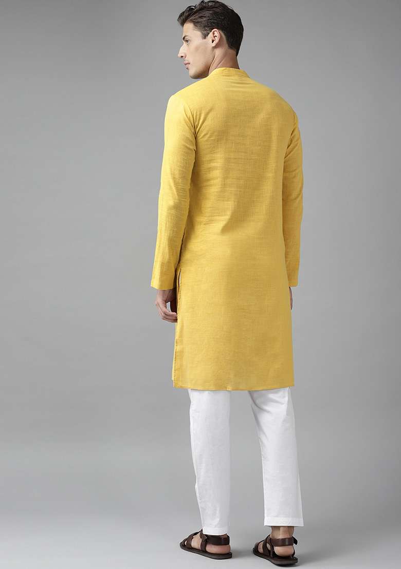Yellow Straight Cotton Kurta For Men - Indya