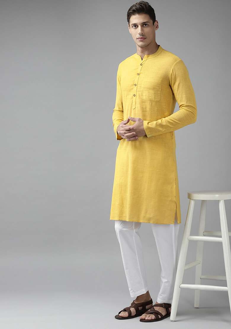 Yellow Straight Cotton Kurta For Men - Indya