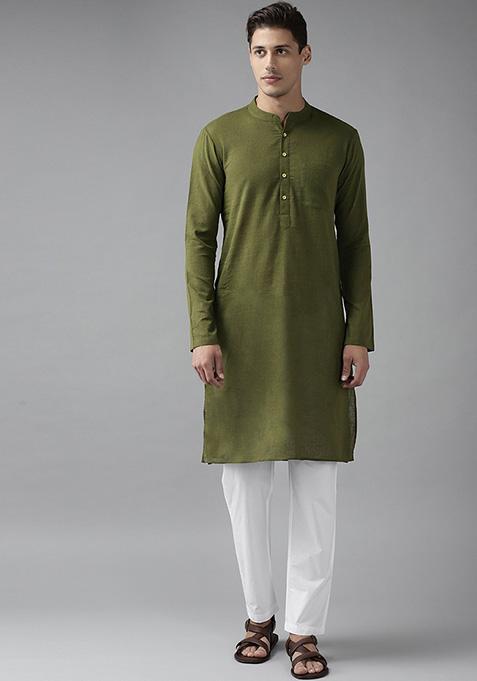 Olive Slub Straight Kurta For Men