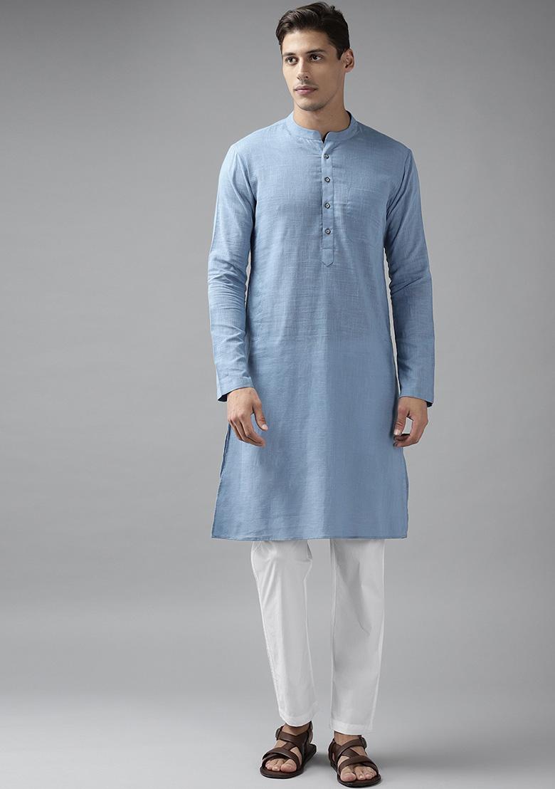 Blue Slub Cotton Kurta For Men
