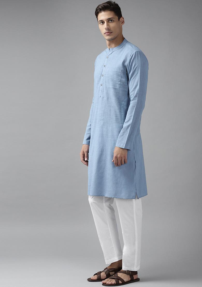 Blue Slub Cotton Kurta For Men