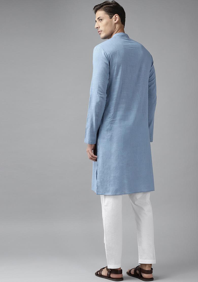 Blue Slub Cotton Kurta For Men