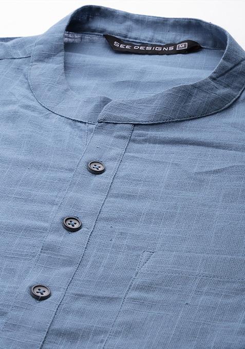 Blue Slub Cotton Kurta For Men