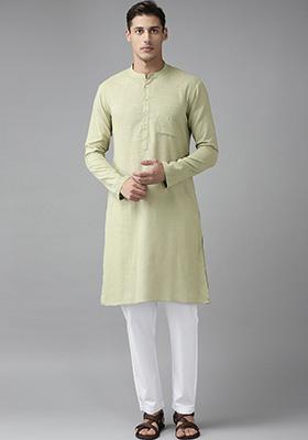 Green Slub Cotton Kurta For Men