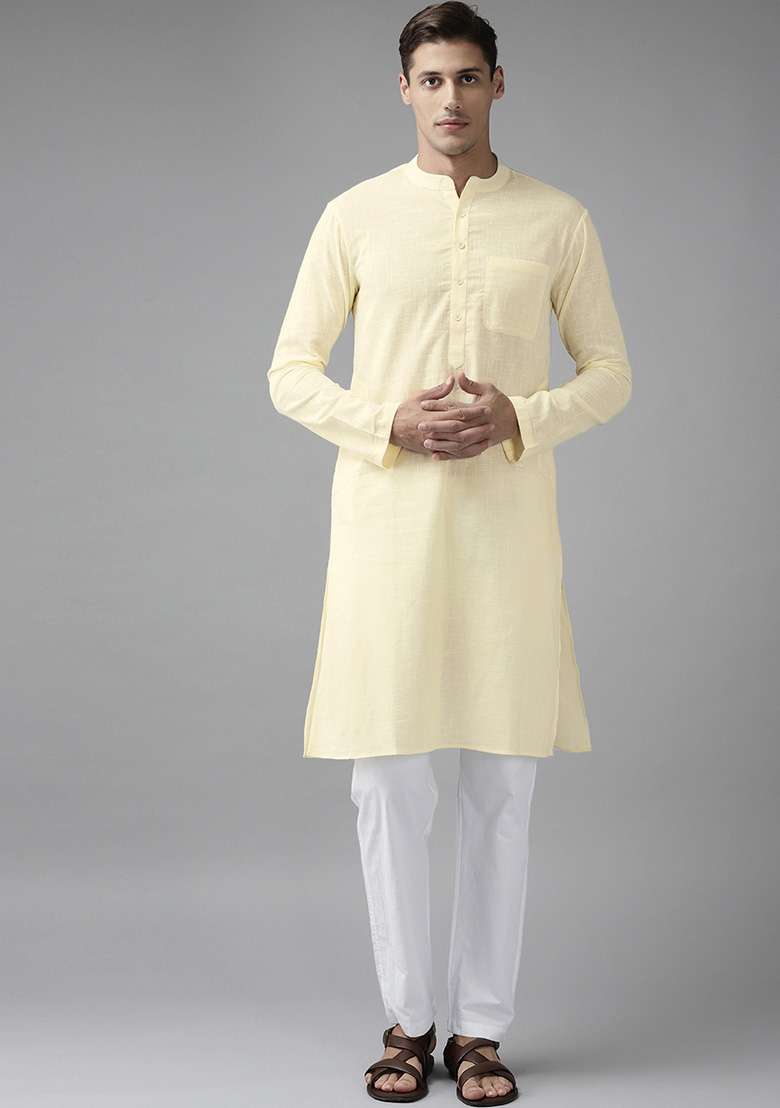 Cream Slub Straight Kurta For Men - Indya