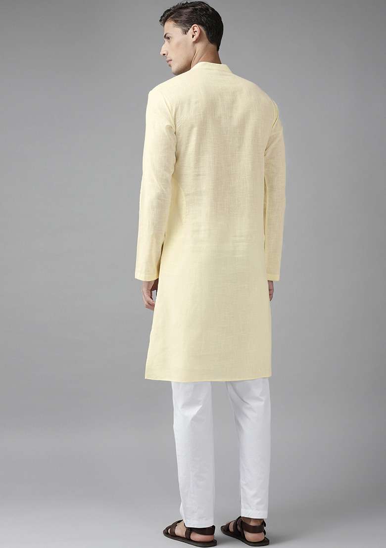 Cream Slub Straight Kurta For Men - Indya