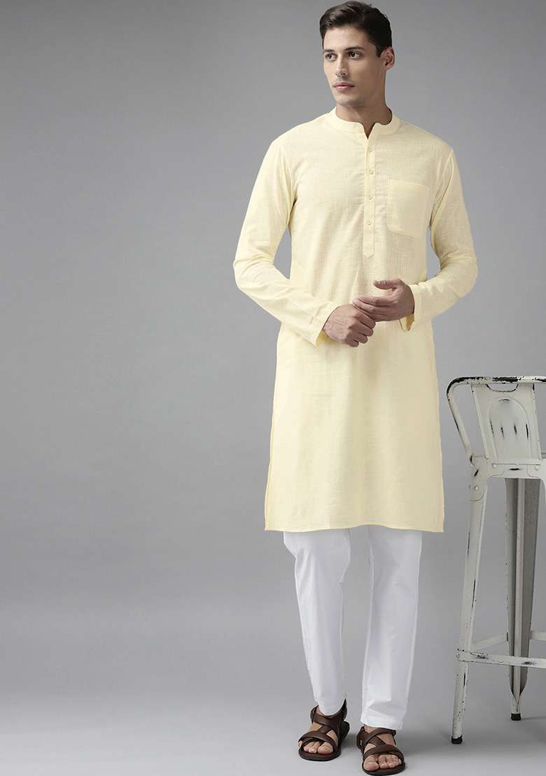 Cream Slub Straight Kurta For Men - Indya
