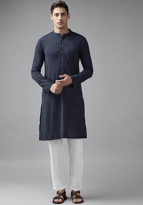 Navy Blue Slub Straight Cotton Kurta For Men