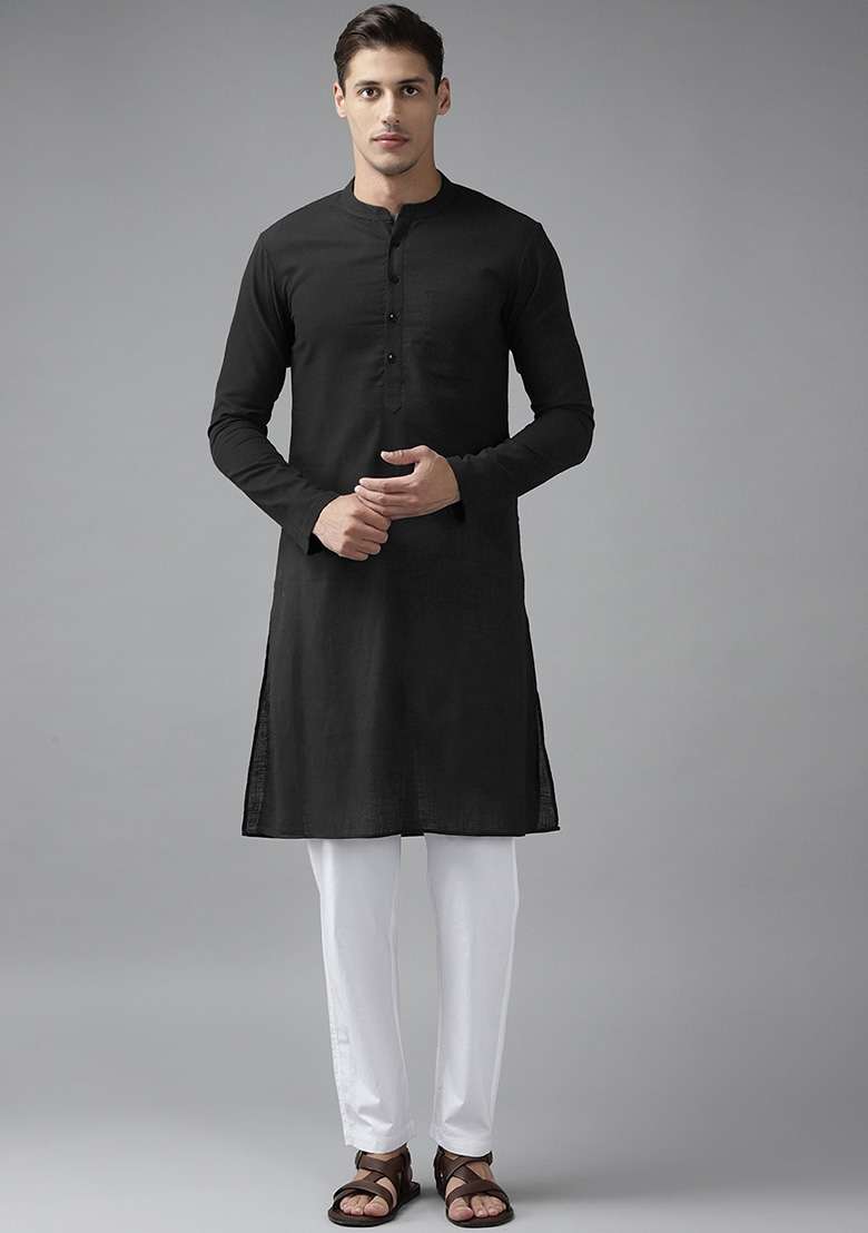 Black Slub Straight Cotton Kurta For Men - Indya