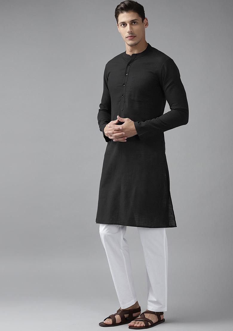 Black Slub Straight Cotton Kurta For Men