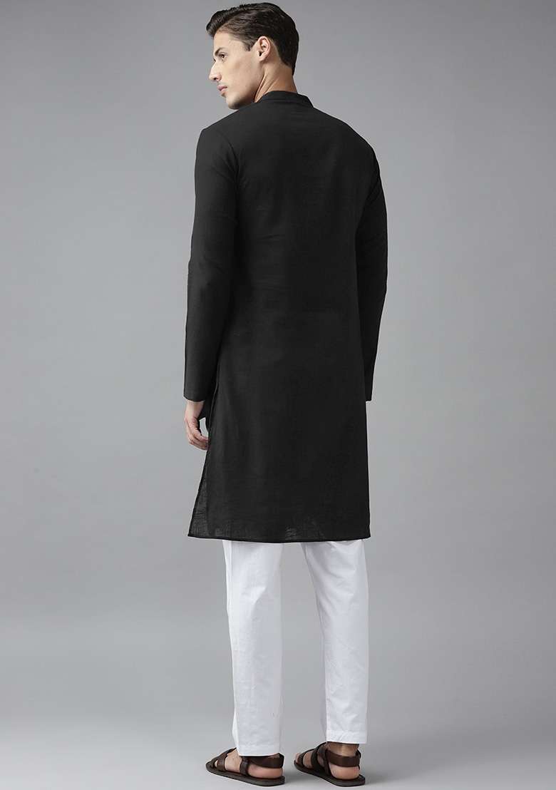 Black Slub Straight Cotton Kurta For Men - Indya