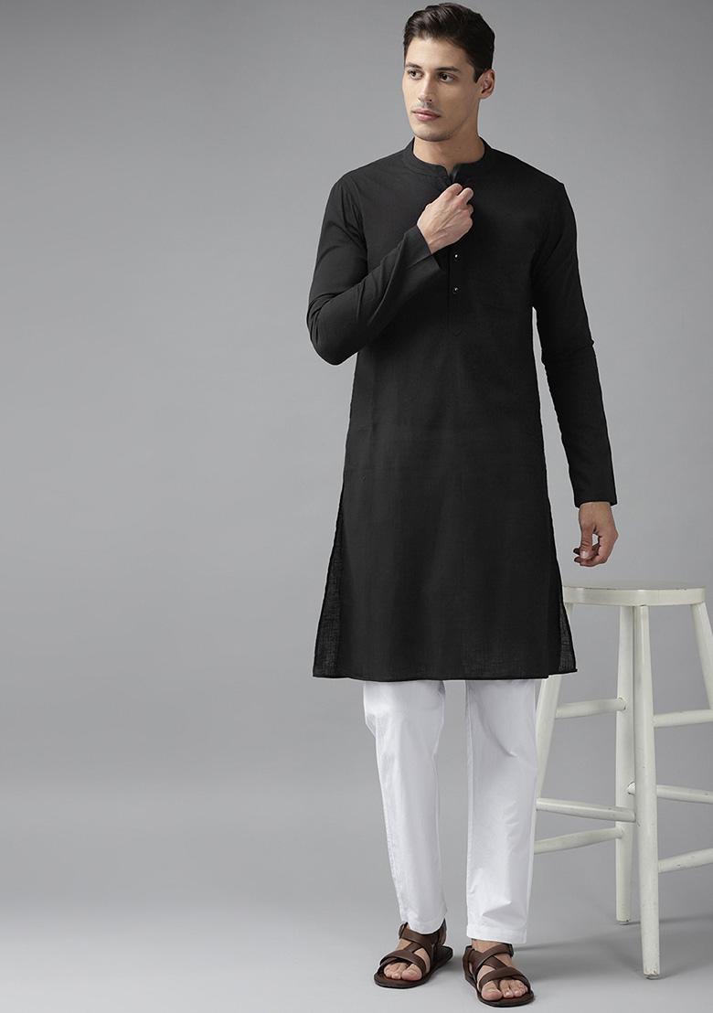 Black Slub Straight Cotton Kurta For Men