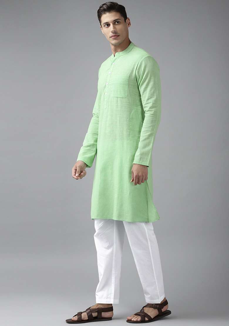 Green Slub Straight Kurta For Men - Indya