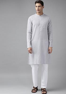 Grey Slub Straight Kurta For Men