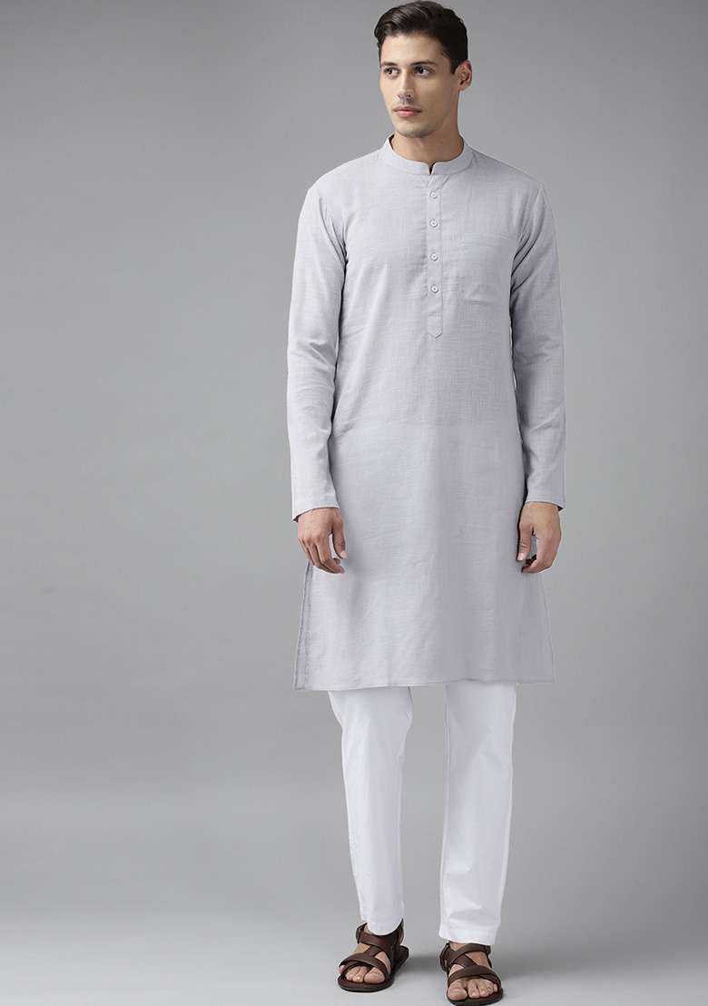 Grey Slub Straight Kurta For Men - Indya
