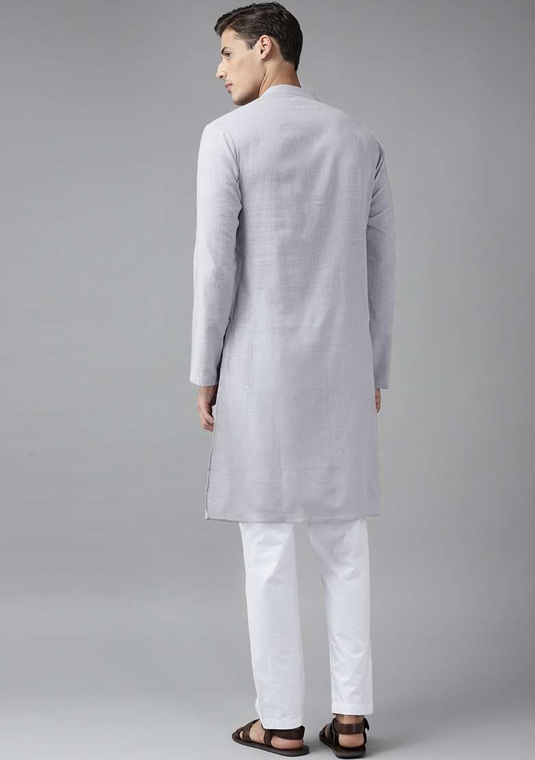 Grey Slub Straight Kurta For Men - Indya