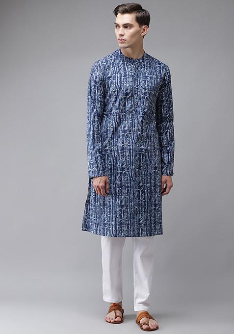 Blue Printed Pure Cotton Kurta For Men