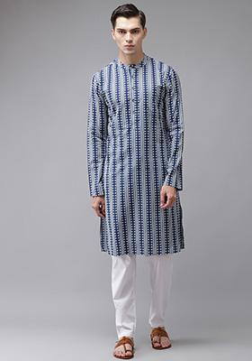 Blue Printed Cotton Kurta For Men