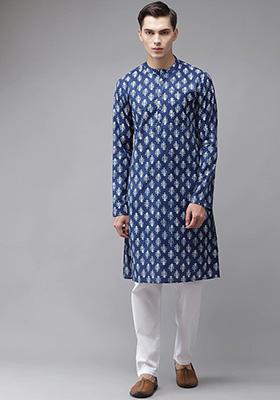 Blue Leaf Print Cotton Kurta For Men