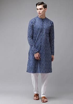 Blue Striped Cotton Kurta For Men