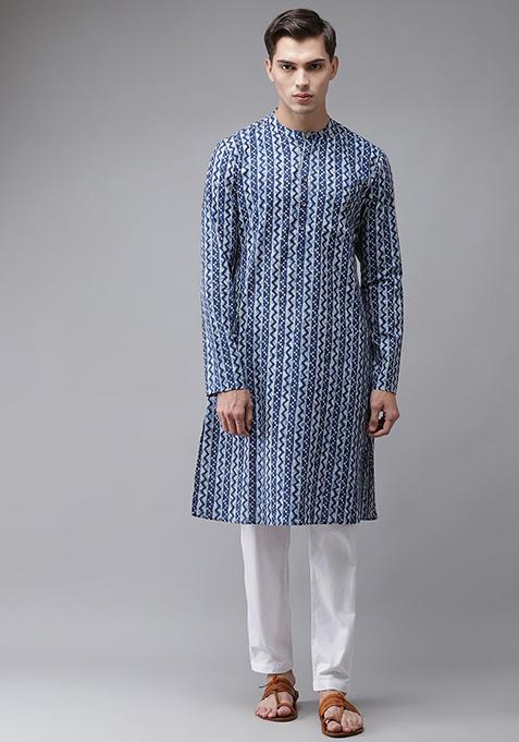 Blue Printed Cotton Kurta For Men