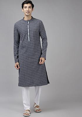 Deep Blue Printed Cotton Kurta Set For Men