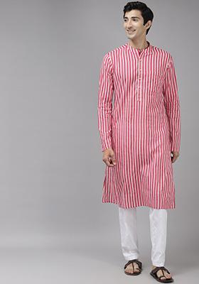 Pink Thread Embroidered Kurta Set For Men