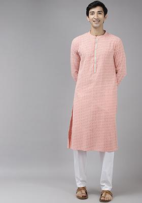 Peach Cotton Straight Kurta Set For Men