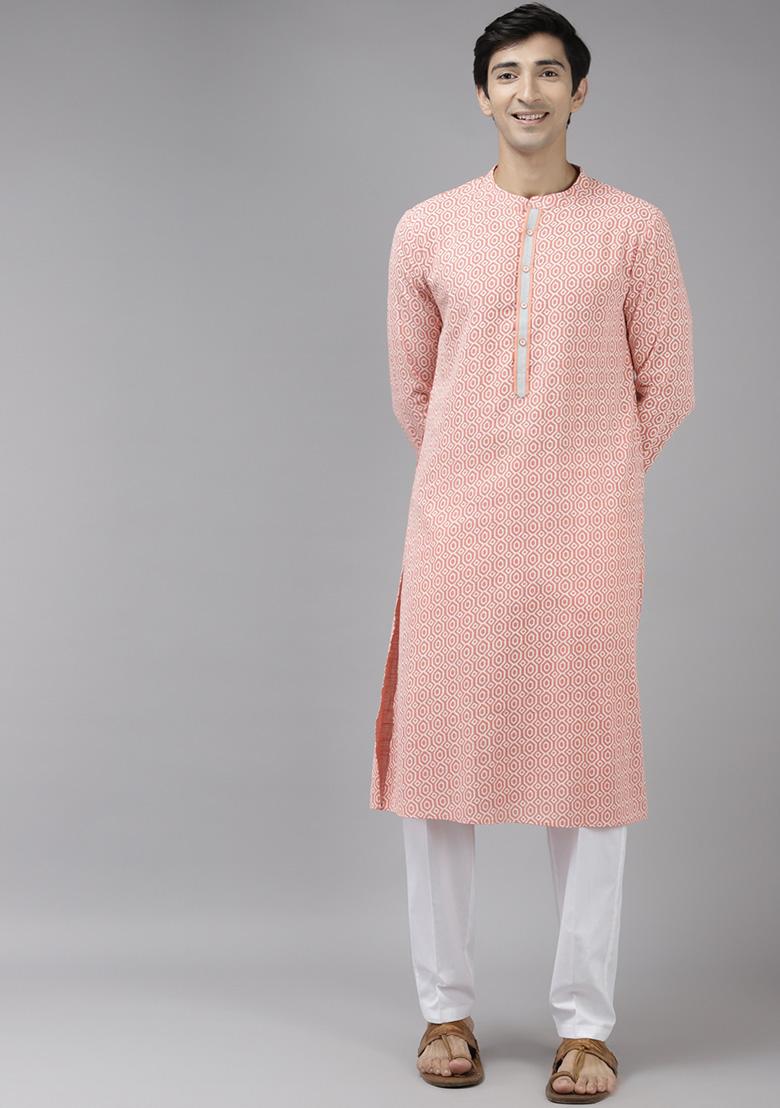 Peach Cotton Straight Kurta Set For Men