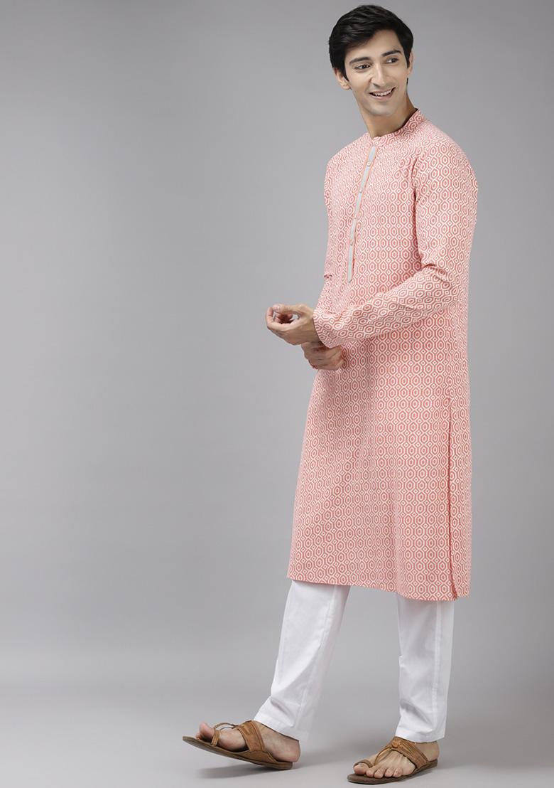 Peach Cotton Straight Kurta Set For Men