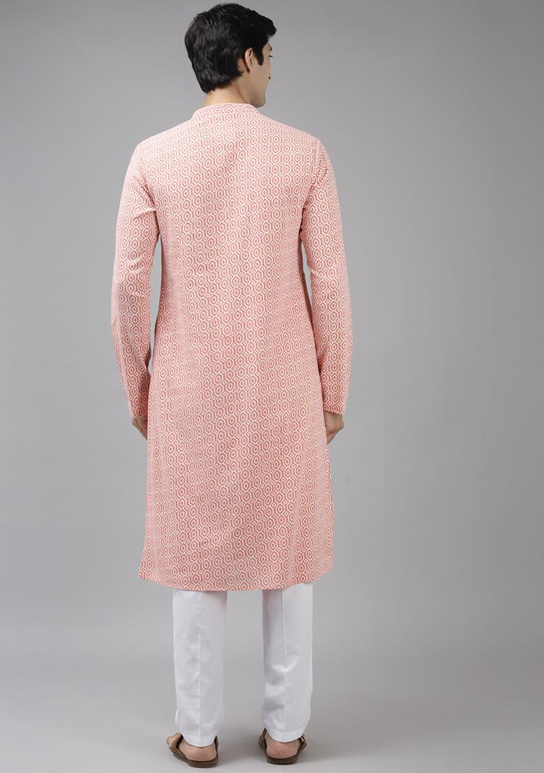 Peach Cotton Straight Kurta Set For Men