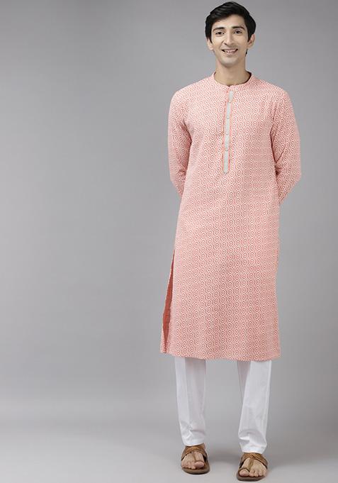Peach Cotton Straight Kurta Set For Men