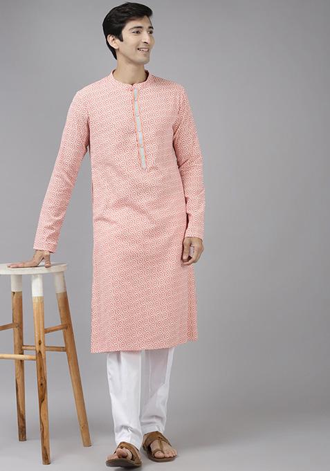Peach Cotton Straight Kurta Set For Men