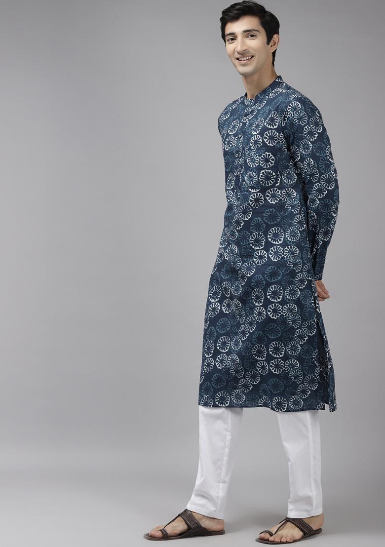 Blue Cotton Straight Kurta Set For Men