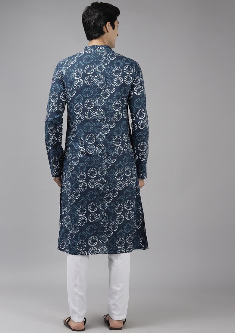 Blue Cotton Straight Kurta Set For Men