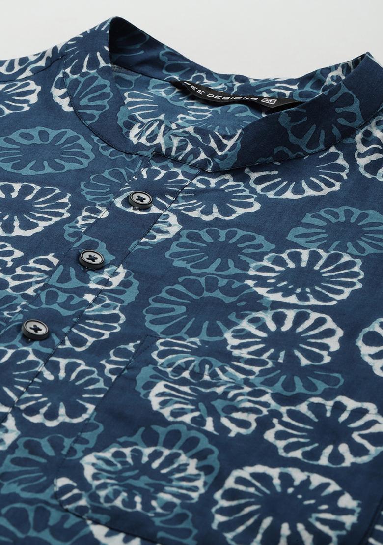 Blue Cotton Straight Kurta Set For Men