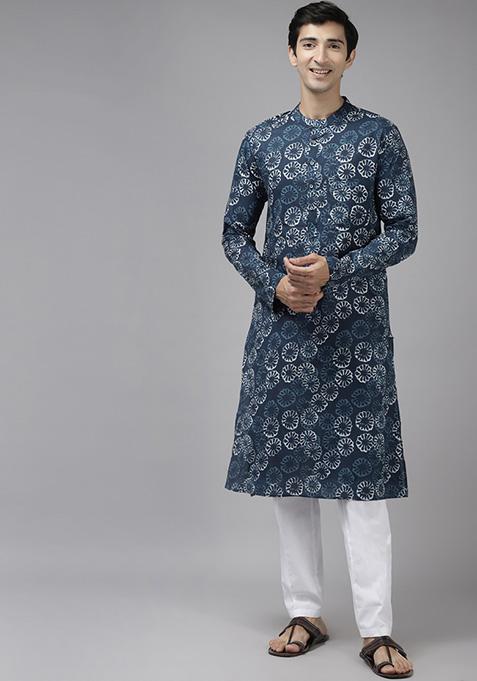 Blue Cotton Straight Kurta Set For Men